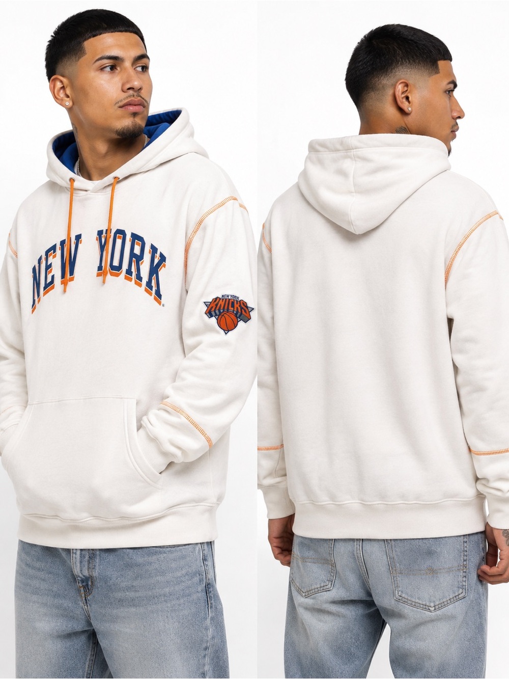 Essentials White Hoodie with Blue & Orange New York Lettering
